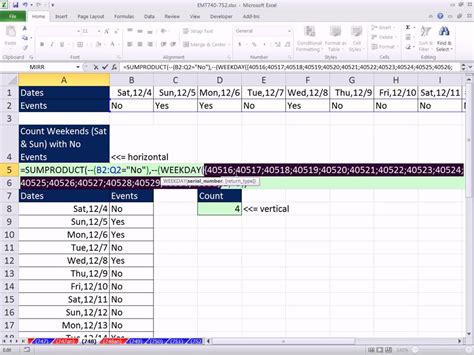 Excel Magic Trick 748 Count Weekends With No Events Scheduled Formula