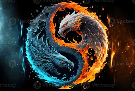 Fire Phoenix And Ice Dragon In The Yin And Yang On Dark Background