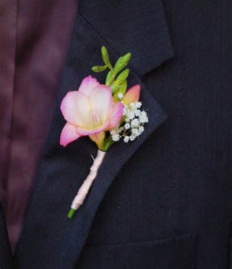 Light Pink Freesia Groom Or Groomsmen Boutonniere With Babys Breath