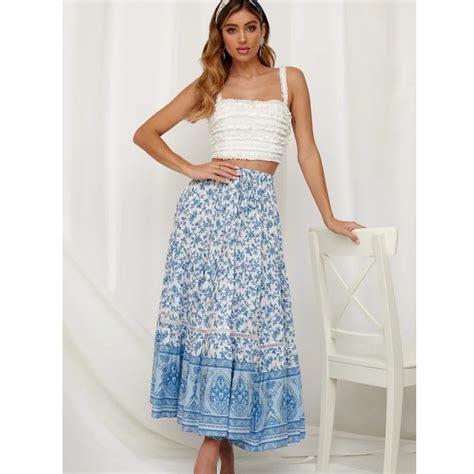 Ceramics Blue Maxi Skirt High Waist Big Hem Vintage Skirts Summer Women
