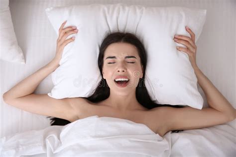 Young Woman Having Orgasm In Bed Top View Stock Image Image Of