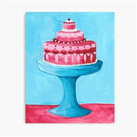 A Painting Of A Pink Cake On A Blue Pedestal