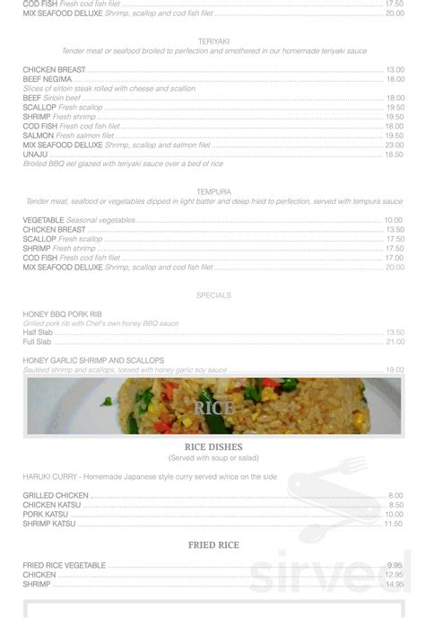 Haruki Japanese Restaurant menu in Cranston, Rhode Island, USA