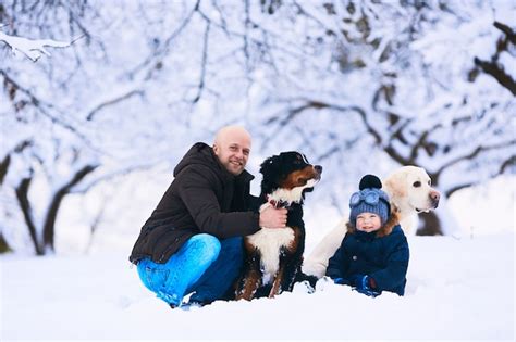 Free Photo The Beautiful Father Son And Dogs Sitting On The Snow