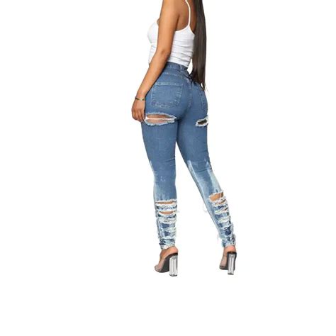 Sexy Street Plus Size High Waist Butt Ripped Jeans For Women Skinny Push Up Jeans Ass Hole Big