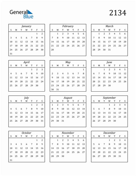 2134 Blank Yearly Calendar Printable