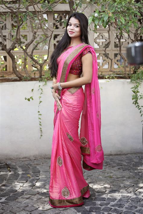 Telugu Actress Bhavya Sri In Pink Saree Stylish Designer Sareeslehengas