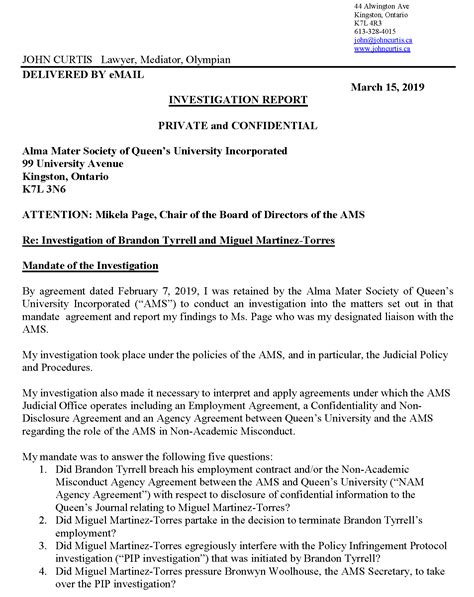 Template write to bvnpt regarding alligation / sample response to employee allegations : Executive Summary of the Investigation Report into the AMS President - Alma Mater Society