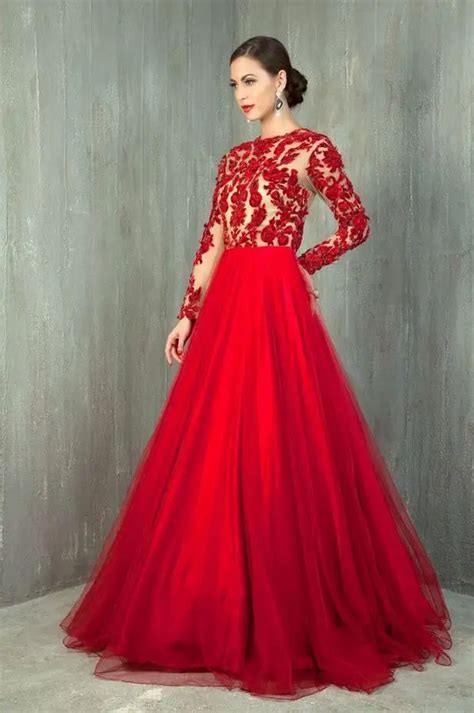 Design Fashion Red Lace Applique Long Sleeve Formal Evening