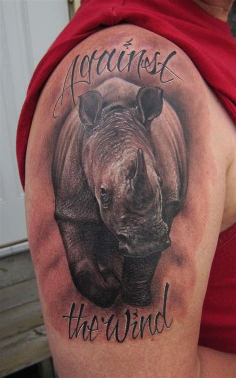 Rhino Replication Wildlife Realism Black And Grey Arm Tattoo By Jon Von