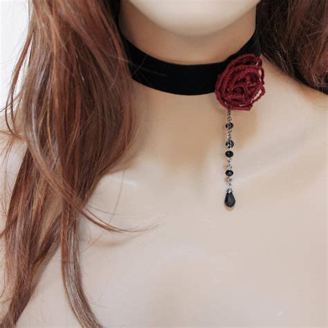 Black Velvet Choker Necklace Red Rose Choker Fabric Choker Etsy