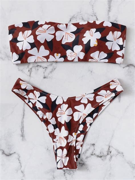 Red Floral Swimsuit Bandeau Top With High Leg Bikini Bottom