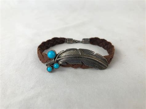 Navajo Sterling Silver Turquoise Leaf Braided Leather Bracelet Ruth Ann