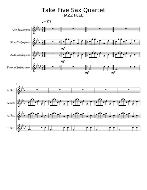 Take Five Sax Quartet Sheet Music For Alto Saxophone Tenor Saxophone