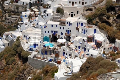 Aerial View Over Oia Town On The Island Santorini Greece Stock