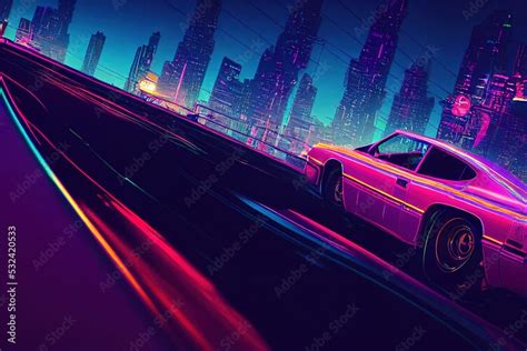 Tuned Sport Car Cyberpunk Retro Sports Car On Neon Highway Powerful Acceleration Of A