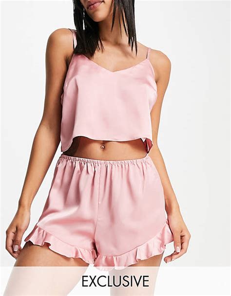 Missguided Satin Cami And Short Pyjama Set With Frill In Pink Asos
