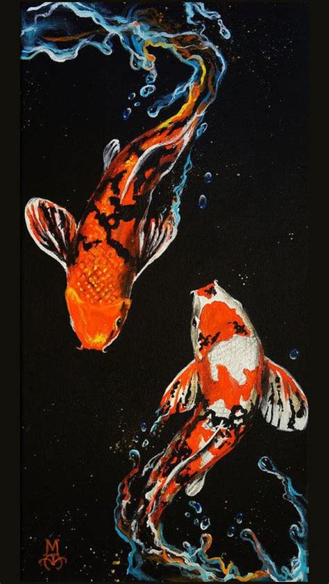 Two Orange And White Koi Fish Swimming In Blue Water With Bubbles On