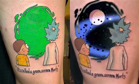 „rick And Morty“ Tattoo Mit Green Screen Portal In Andere Dimension