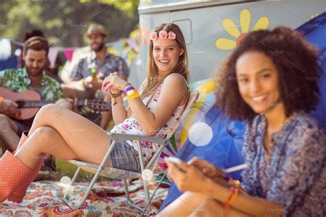 Carefree Hipster Relaxing On Campsite Stock Photos Creative Market