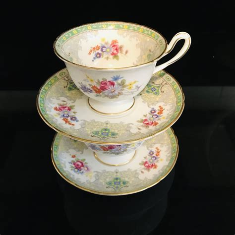 Shelley Tea Cup And Saucer PAIR England Fine Bone China Green Trim With Floral Bouquets Gold