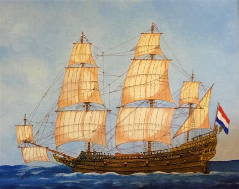 Louis Letouche Dutch Warship 17th Century Signed Oil