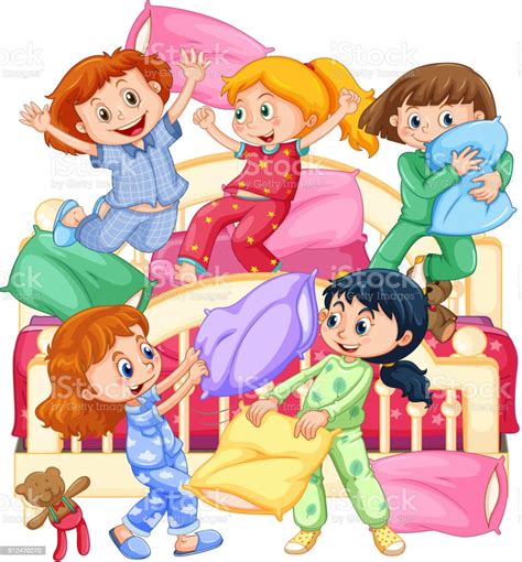 女の子 枕投げ遊びのパジャマパーティ イラストレーションのベクターアート素材や画像を多数ご用意 Istock