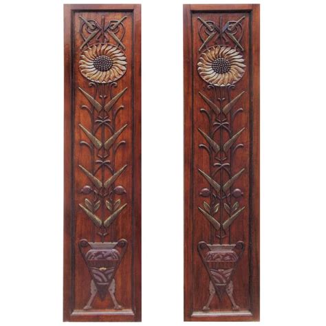 Pair Of Carved Art Deco Motif Decorated Hanging Mahogany Wall Panels At