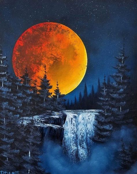 An Acrylic Painting Of A Full Moon Over A Waterfall