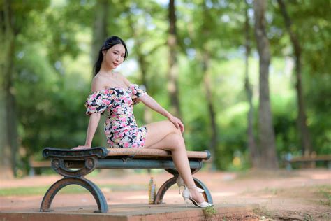 asian model women long hair dark hair sitting bench wallpaper resolution 1920x1280 id
