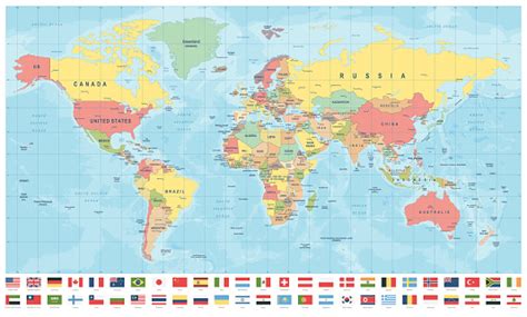 Karta Över Världen Och Mest Populära Flaggor Gränser Länder Och Städer