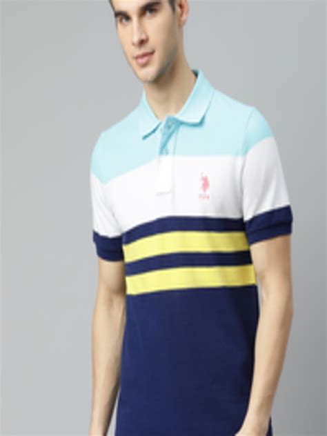 Buy U S Polo Assn Men Blue And Yellow Striped Pure Cotton Polo Collar T Shirt Tshirts For Men