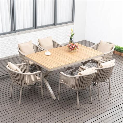 7 Pieces Outdoor Dining Set With Rectangle Table And Woven Rattan