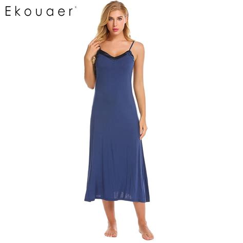 Ekouaer Nightgown Women Sleepwear Sexy Nightdress Casual V Neck Solid