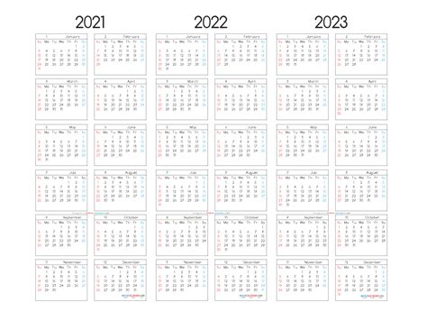 Free Printable 3 Year Calendar 2021 To 2023