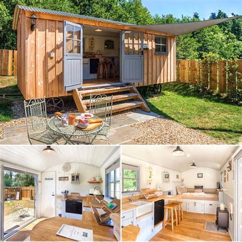 Two Pictures Showing The Inside And Outside Of A Tiny House With Stairs