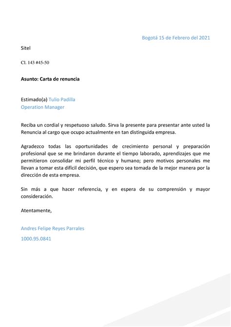 Carta Renuncia Voluntaria Laboral