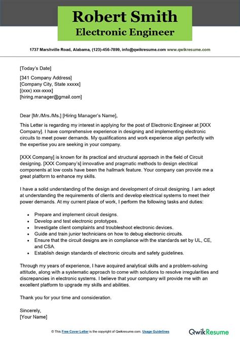 Electronics Technician Cover Letter Examples Qwikresume