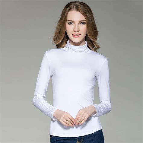 Cotton Long Sleeve Turtleneck T Shirts Women Korean Style Fashion White Solid Color T Shirt