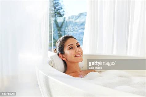 Attractive Brunette Young Woman Taking Bubble Bath Copy Space Photos