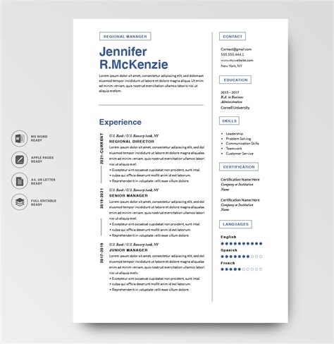 Modern Resume Template 120720 Ms Word Color Blue Resumeway