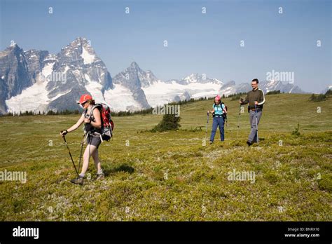 A Group Of Hikers In The Selkirk Mountains With Mount Sir Donald In