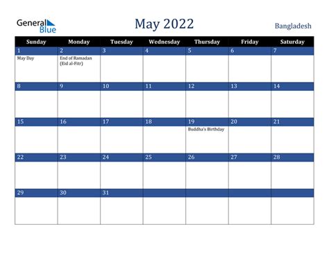 Bangladesh May 2022 Calendar With Holidays
