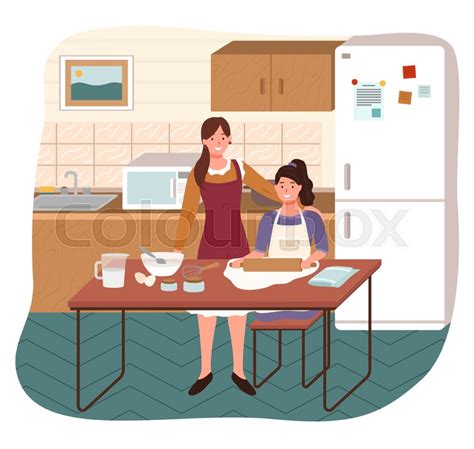 Mother And Daughter Cooking In Kitchen Stock Vector Colourbox