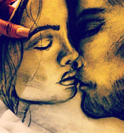 A Drawing Of A Man Kissing A Womans Forehead With Her Eyes Closed