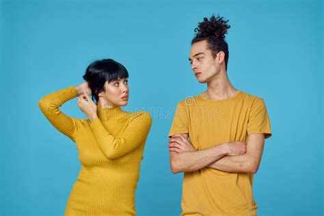 Kinky Guy And Girl Together Friendship Fun Blue Background Stock Image