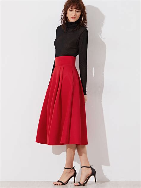 Wide Waistband Side Zip Box Pleated Midi Skirt Sheinsheinside