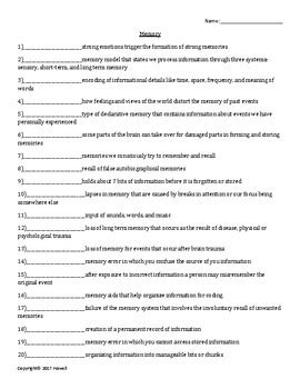Free memory worksheets for adults | download and print today! Memory Quiz or Worksheet for Psychology by Everything ...