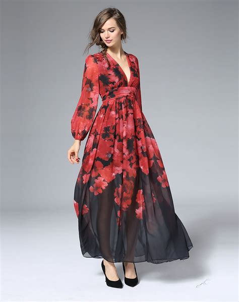Shop Red Long Sleeve Deep V Neck Floral Print Chiffon Maxi Dress Vipme