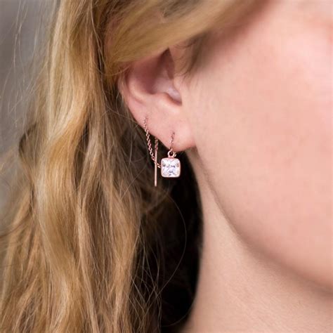 Double Piercing Earrings Cz Rose Gold Threaders Geometric Minimalist